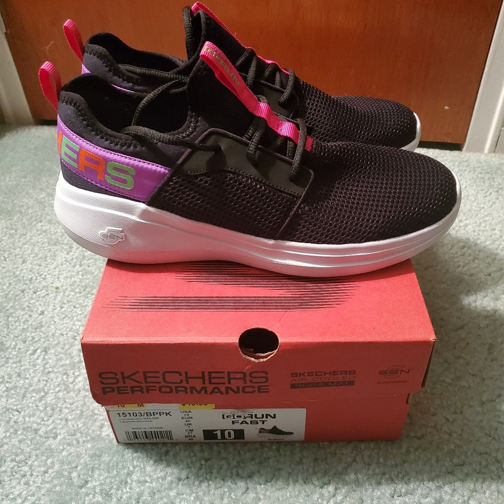 Skechers Performance Valor Black Mesh Sneakers with neon accents - women's 10